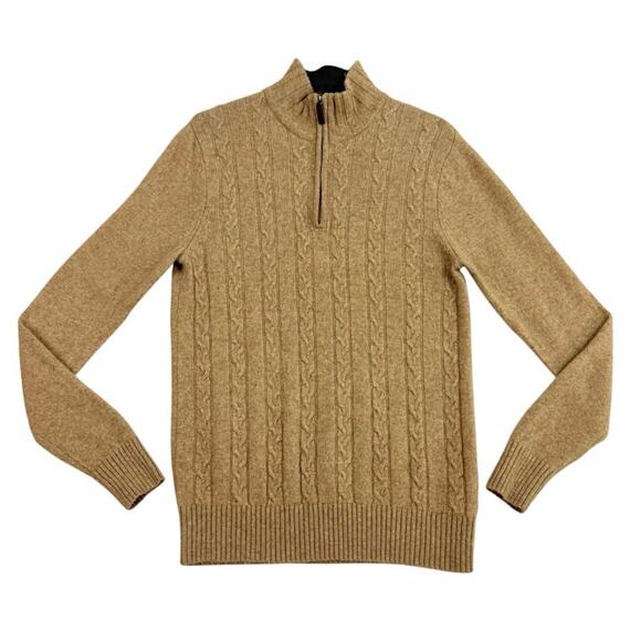 Rochas Paris Mens Sweater M Brown Lambs Wool Cable Knit 1/4 Zip Mock Neck - Picture 1 of 9